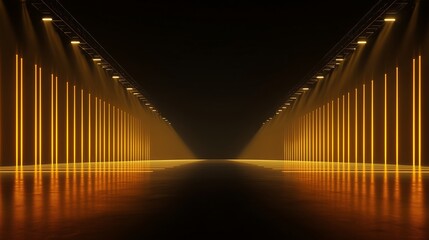 Long illuminated corridor with glowing vertical lights and reflective floor