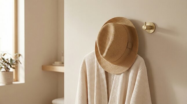 Wall hook with robe and straw hat hanging on light wall  