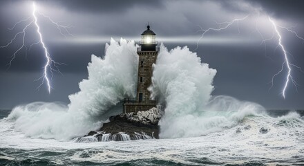 Lighthouse in storm, massive waves crashing, lightning strikes over stormy sea