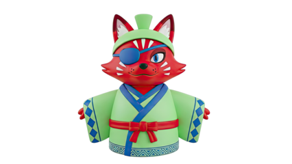 Red Fox Character Wearing Traditional Japanese Attire with Eyepatch