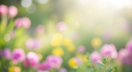 A vibrant, colorful garden with pink and yellow flowers, green leaves, and a sunny, blurred background.