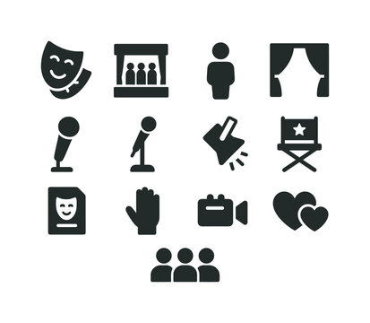 Acting Icons Grid. Acting. Solid icon set of Acting: theater mask, stage, person, curtain, microphone, spotlight, director?s chair, script, hand gesture,