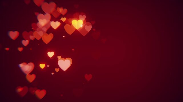 Red and shiny heart shaped bokeh particles floating on a dark background for valentine's day. Seamless loop.