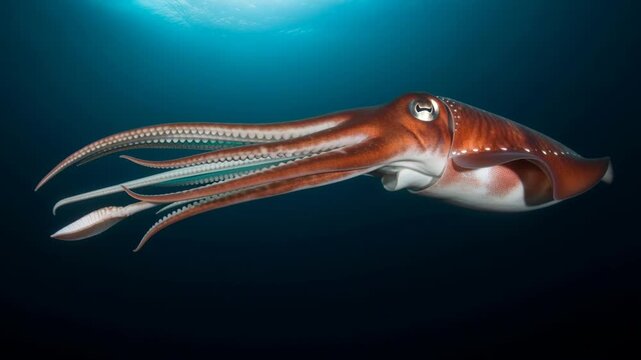 Graceful cuttlefish swimming underwater with dynamic motion and light rays