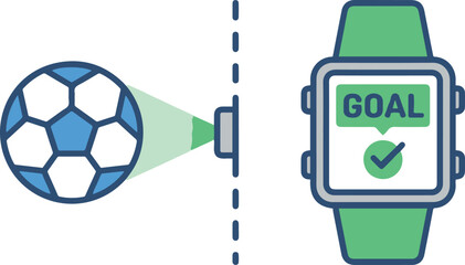 Goal-line technology concept showing a soccer ball crossing the line and a referee smartwatch notification, vector illustration isolated on white.