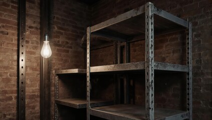 Interior shot of a brick-walled storage space with shelves and a lightbulb
