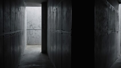 Narrow, concrete passage with repeating rectangular panels