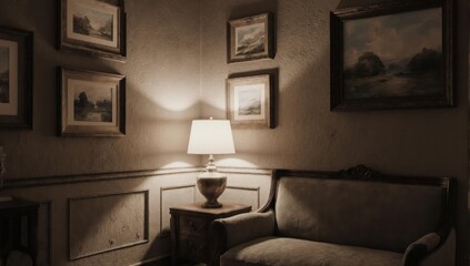 An elegant, dimly lit room with artwork, a lamp, and a classic couch
