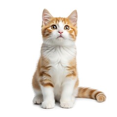 Fototapeta premium Cute orange and white kitten sitting isolated on white background looking up