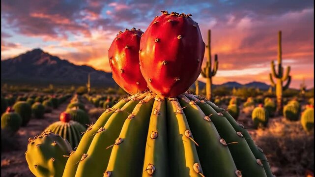 Peruvian apple cactus fruit ripening on tall cactus, desert agriculture scene