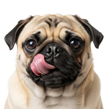 Cute pug dog with tongue out isolated on white background looking happy