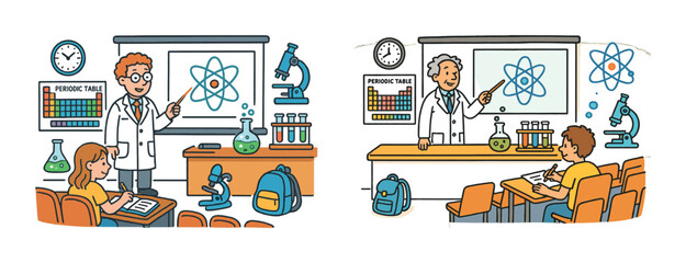 Male teacher explaining atomic structure to diverse students in science classroom