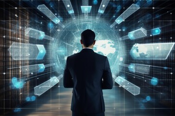 Businessman in a suit watching a futuristic global data interface with digital elements