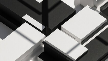Abstract composition of black and white rectangular blocks, shadowed