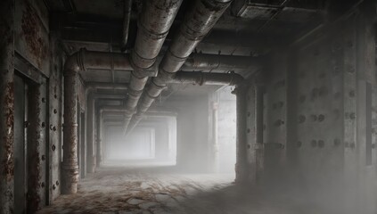 Dark, rusty industrial corridor with pipes and a hazy, distant light