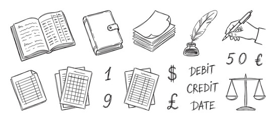Hand drawn accounting and finance icon set with a ledger book, quill pen, inkwell, balance scales, and currency symbols in a black and white sketch doodle style