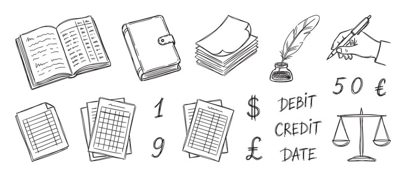 Hand drawn accounting and finance icon set with a ledger book, quill pen, inkwell, balance scales, and currency symbols in a black and white sketch doodle style