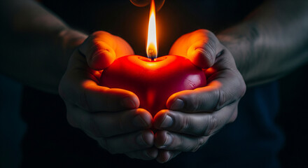 Gentle hands cradle a glowing heart-shaped candle, symbolizing hope and warmth in the darkness.