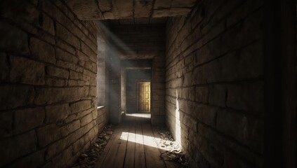 Long, dimly lit stone corridor with a door at the end and sunlight