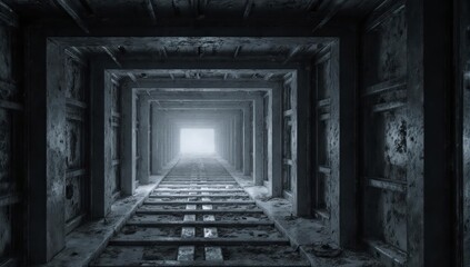 Dark tunnel leads to bright light at its end. Old, ominous, and decaying