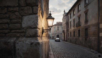 Cobblestone street lined by stone buildings, illuminated by lantern