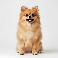 Cute pomeranian dog sitting and looking happy on white background