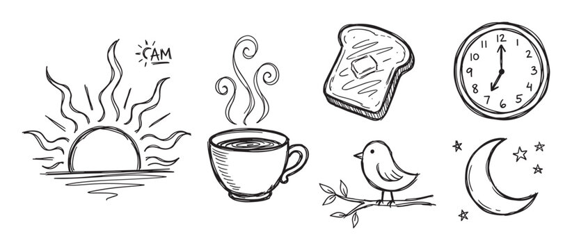 Set of hand-drawn black and white doodles depicting a daily routine with a rising sun, coffee, toast, a clock, bird, and moon with stars in a simple sketch style