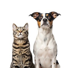 Friendly dog and cat sitting together isolated on white background