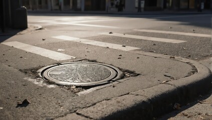 Low-angle of a street corner with crosswalk, drain cover, in sunlight