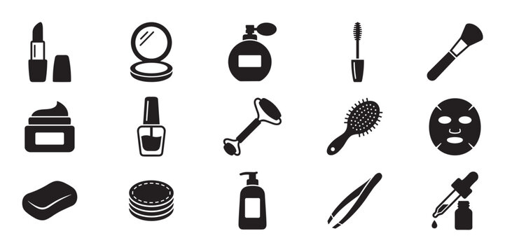 Collection of black beauty and cosmetic icons showing various skincare and makeup products like lipstick, mascara, cream, perfume, and a face mask in a simple glyph style