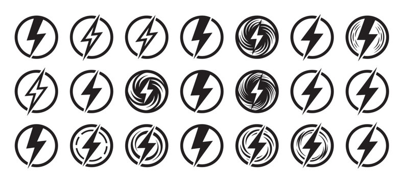 Collection of black lightning bolt icons inside circles showcases various graphic design styles for energy and power symbols, including simple, bold, and swirling vector patterns