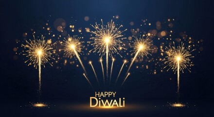 Golden fireworks against a dark blue background. The celebration concept of Diwali. The festive theme of Diwali.