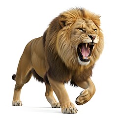 A fierce lion roaring with mouth open and teeth showing isolated on white background