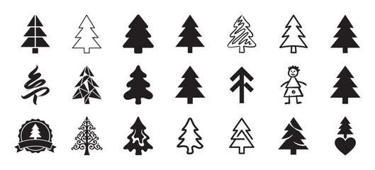 Diverse collection of black Christmas tree icons in various graphic styles including silhouette, outline, geometric, abstract, and hand-drawn for seasonal holiday design