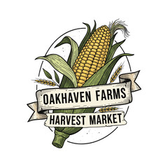 Oakhaven Farms Harvest Market logo featuring a detailed illustration of a ripe ear of corn with green husks and silks, surrounded by wheat stalks and a banner. © Syaiin