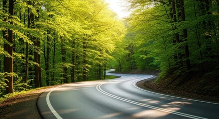 A winding road through a forest with sunlight filtering through the trees.