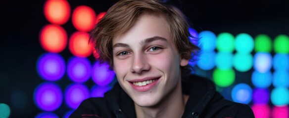 Teenage streamer grinning at the camera with vibrant LED lights in the background.