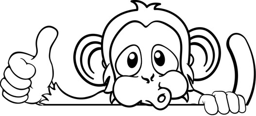 A monkey cartoon character animal peeking over a sign and giving a thumbs up © Christos Georghiou