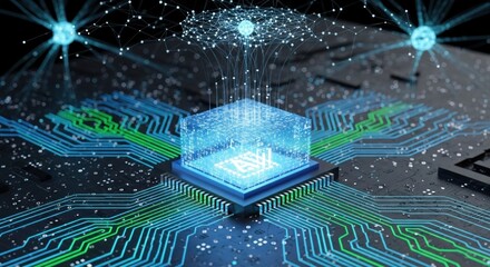 A computer chip with a glowing blue circuit board and a white background.