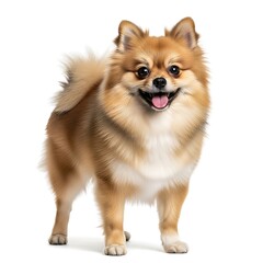 Cute pomeranian dog standing isolated on white background looking happy