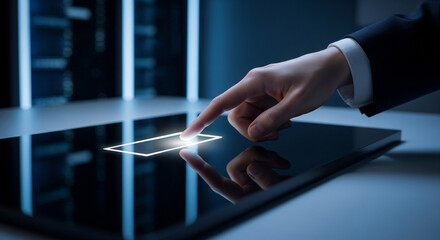 Business professional interacting with futuristic digital interface on a sleek touchscreen.
