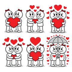 A cartoon illustration consisting of six panels, each featuring a round head and a stick figure figure. The characters are white with black outlines, they engage in various romantic gestures.
