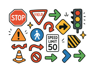 Colorful Road Signs Doodles. Road Signs. Colorful Hand-drawn doodle Children illustration Road Signs stop signs, traffic lights, yield signs, arrows, speed