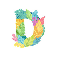 A vibrant capital letter D created from a colorful collage of exotic tropical leaves, a fresh, botanical alphabet initial perfect for summer designs