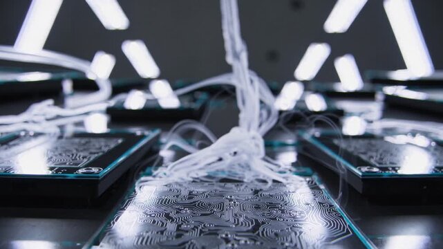 Robotic system precisely deposits epoxy on microchip pads in manufacturing, Automated dispenser accurately applies white epoxy to circuit board contact areas during production process