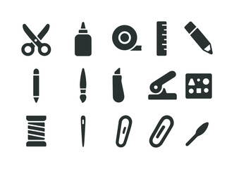 Fototapeta premium Crafting Tools Icons. Crafting tools. Solid icon set of Crafting tools: scissors, glue, tape, ruler, pencil, brush, craft knife, hole punch, thread spool,