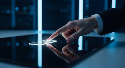 Hand touching glowing futuristic interface in dark modern room