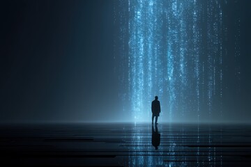 A solitary figure stands beneath digital rain, symbolizing connectivity and technology progress.
