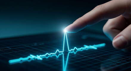 Hand touching a glowing digital heart rate line on a futuristic interface
