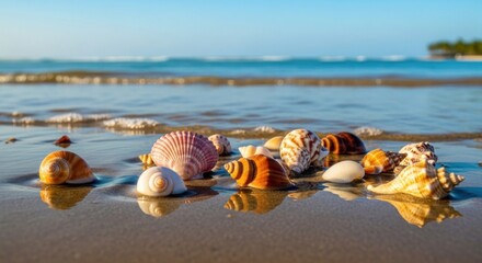 Obraz premium Seashells on a sandy beach with a clear blue sky in the background.